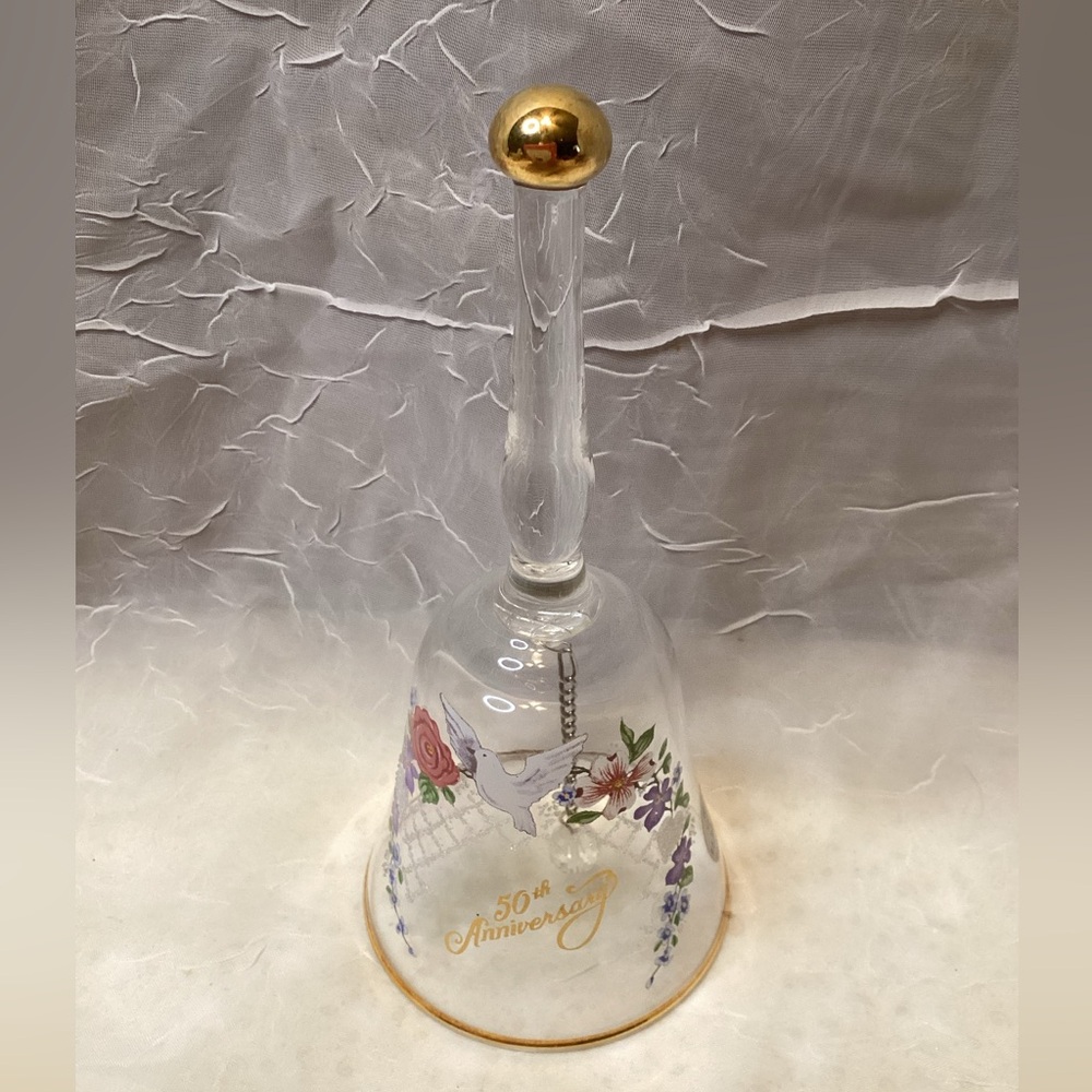 Fenton 50th Anniversary Giftware Wedding Bell Dove & Floral Pattern Stickered